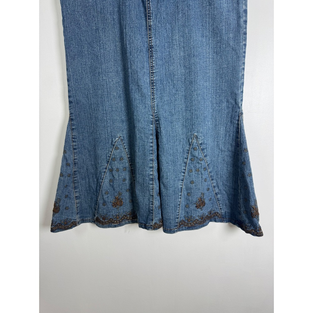 Vintage Western QQMY Women 34 Denim Maxi Skirt Blue Embroidered Flared Hem Godet - Picture 7 of 7